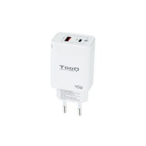 TooQ Cargador de Pared GaN USB-C/PD + USB-A/QC 45W, Blanco
