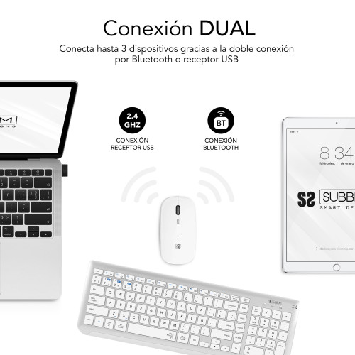 SUBBLIM Teclado con Ratón Bluetooth + 2.4G Combo Dual Prestige Extendido Plata/Blanco - Imagen 4