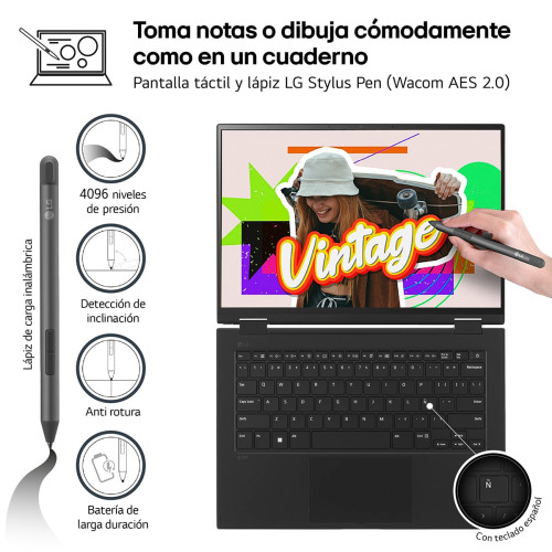 LG PORTATIL GRAM 2 EN 114T90S. W11 HOME. INTEL CORE ULTRA 7. 16GB. 512GB SSD. 1,2KG - Imagen 3