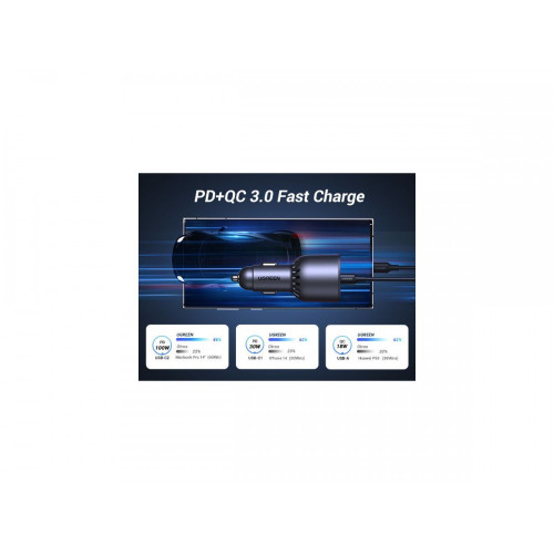 Ugreen 130W 3-Port Fast Car Char gray Auriculares, Ordenador portátil, Teléfono móvil, Portátil, Batería portátil, Teléfono Gris Encendedor de cigarrillos Auto - Imagen 8