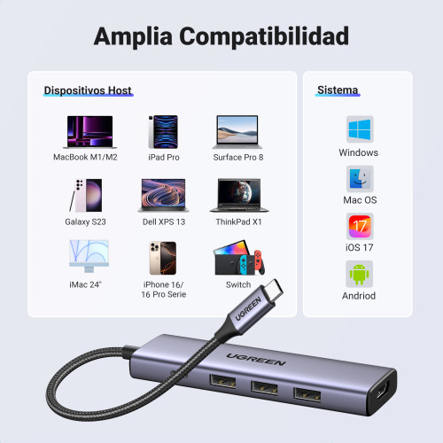 Ugreen 15596 base para portátil y replicador de puertos Alámbrico USB 3.2 Gen 1 (3.1 Gen 1) Type-A + Type-C Aluminio - Imagen 6