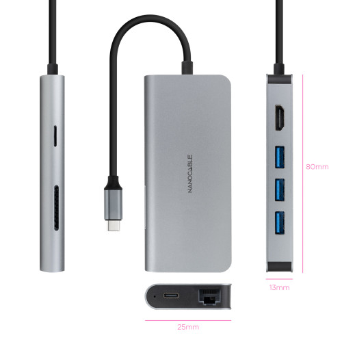 NANOCABLE HUB USB-C 3xUSB-A+HDMI+USB-C CARGA+RJ45+TF+SD - Imagen 3