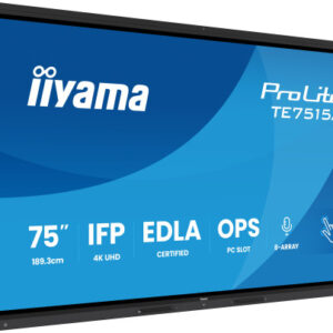 PANTALLA INTERACTIVA 75" EDLA, ANDROID 14, 16/128GB UHD IPS, MM 2X 20W + 20W SUBWR, 2X HDMI, DP , 1X USB-C, 550CD/M, HORIZ , MEDIA PLAY USB PORTS, ANTIGLARE, LAN, RS232C, IIWARE WIFI-6/BT 5.0, OPS SLOT, VESA 400X400 (MOUNT INCLUDED) (TE7515A-B1AG)