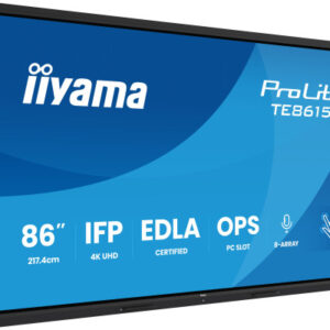 IIYAMA MONITOR INTERACTIVO 86" EDLA,ANDROID 14, 16/128GB UHD IPS, MM 2X 20W + 20W SUBWR, 2X HDMI, DP , 1X USB-C, 550CD/M, HORIZ , MEDIA PLAY USB PORTS, ANTIGLARE, LAN, RS232C, IIWARE WIFI-6/BT 5.0, OPS SLOT, VESA 600X400 (MOUNT INCLUDED) (TE8615A-B
