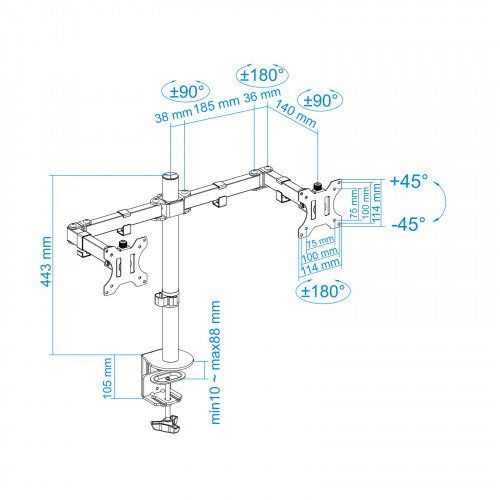 TooQ Soporte de Mesa Giratorio e Inclinable para 2 Pantallas (Monitor / TV Plasma / LCD / LED) 13” – 32”, de Dos Brazos, Negro - Imagen 15
