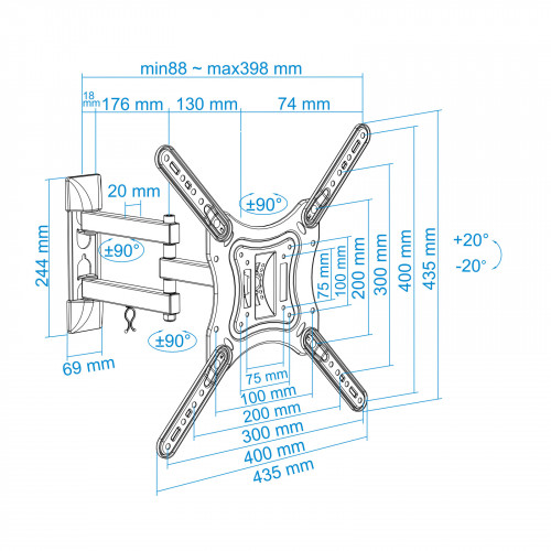 TooQ Soporte Giratorio e Inclinable para Monitor / TV LCD, Plasma de 23”- 55”, con Tres Pivotes, Negro - Imagen 10