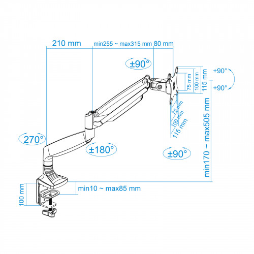 TooQ Soporte de Mesa Giratorio e Inclinable para Pantalla (Monitor / TV Plasma / LCD / LED) 13” – 32”, de Un Brazo, Plata - Imagen 12