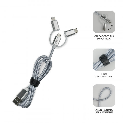 SUBBLIM Cargador Coche 2xUSB Dual Car Charger Alum 2.4A + Cable 3 in 1 Silver - Imagen 3