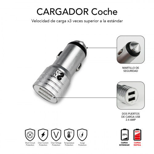 SUBBLIM Cargador Coche 2xUSB Dual Car Charger Alum 2.4A + Cable 3 in 1 Silver - Imagen 4