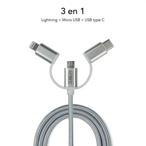 SUBBLIM Cargador Coche 2xUSB Dual Car Charger Alum 2.4A + Cable 3 in 1 Silver - Imagen 6