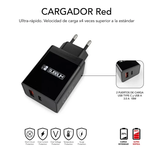 SUBBLIM CARGADOR ULTRA RAPIDO 2xUSB DE PARED PD25W+QC3.0+Cable C to C y lightning Negro - Imagen 4