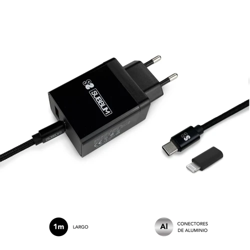 SUBBLIM CARGADOR ULTRA RAPIDO 2xUSB DE PARED PD25W+QC3.0+Cable C to C y lightning Negro - Imagen 5