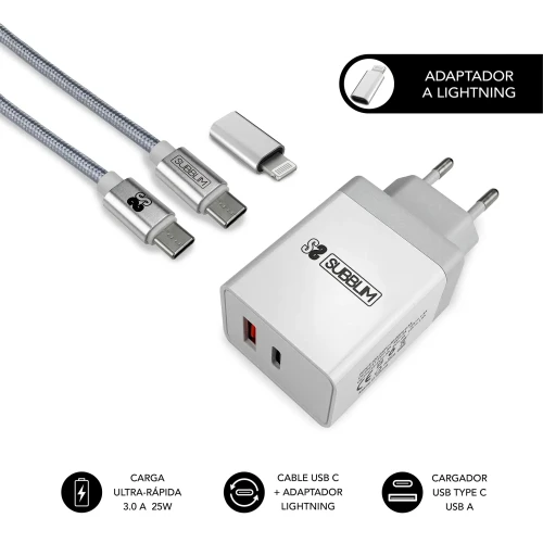 SUBBLIM CARGADOR ULTRA RAPIDO 2xUSB DE PARED PD25W+QC3.0+Cable C to C y lightning Blanco - Imagen 2
