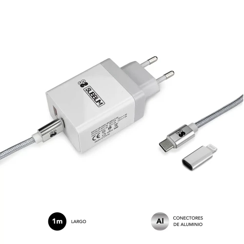SUBBLIM CARGADOR ULTRA RAPIDO 2xUSB DE PARED PD25W+QC3.0+Cable C to C y lightning Blanco - Imagen 5