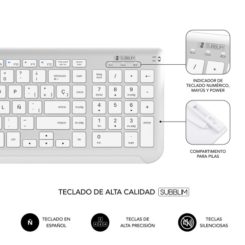 SUBBLIM Teclado con Ratón Bluetooth + 2.4G Combo Dual Prestige Extendido Plata/Blanco - Imagen 7