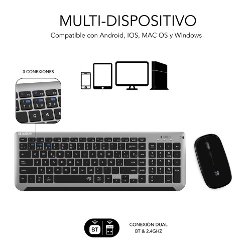 SUBBLIM Teclado con Ratón Bluetooth + 2.4G Combo Dual Prestige Extendido Gris/Negro - Imagen 5