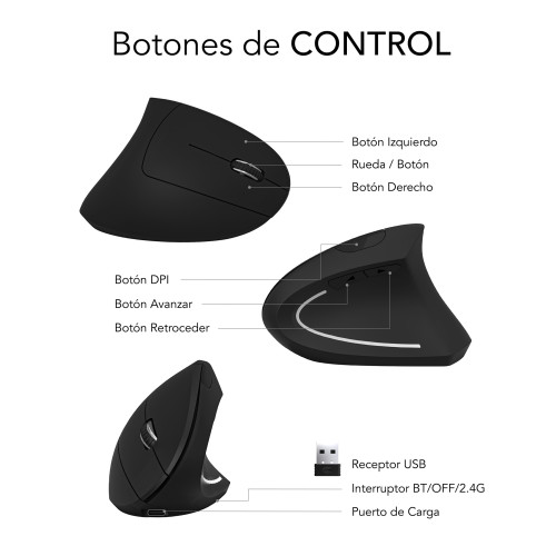 SUBBLIM Ratón GLIDE VERTICAL ERGO DUAL MOUSE BATTERY BLACK - Imagen 8