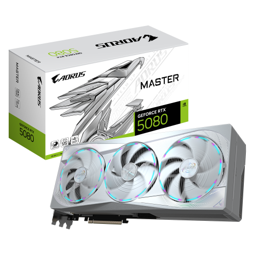 GIGABYTE AORUS GeForce RTX 5080 MASTER ICE 16G Tarjeta Gráfica - 16GB GDDR7, 256 bits, PCI-E 5.0, 2805MHz Core Clock, 3 x DP 2.1a, 1 x HDMI 2.1b, NVIDIA DLSS 4, GV-N5080AORUSM ICE-16GD
