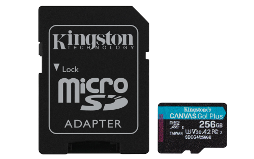 Kingston Technology Tarjeta microSDXC Canvas Go Plus Gen4 de 256 GB, 200 MB/s, A2 U3 V30 y adaptador