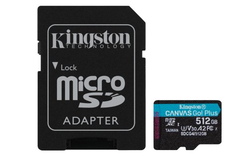 Kingston Technology Tarjeta microSDXC Canvas Go Plus Gen4 de 512 GB, 200 MB/s, A2 U3 V30 y adaptador