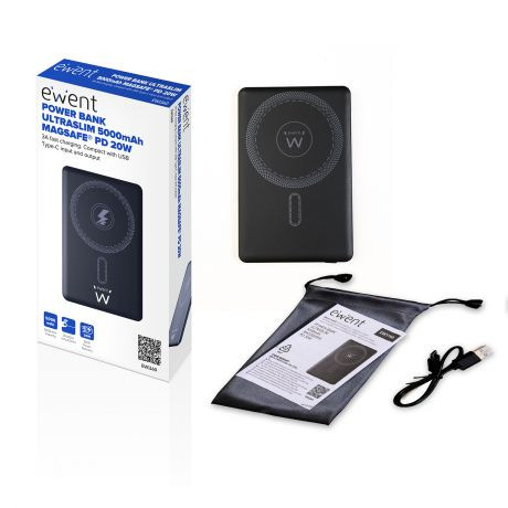 EWENT POWERBANK ULTRASLIM MAGSAFE® 5000MAH PD 20W, 1X USB-C (IN/OUT), 1X USB-A PORT, 104X67X8’55MM, 112GR, BLACK - Imagen 3
