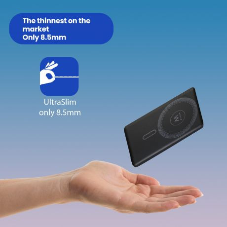 EWENT POWERBANK ULTRASLIM MAGSAFE® 5000MAH PD 20W, 1X USB-C (IN/OUT), 1X USB-A PORT, 104X67X8’55MM, 112GR, BLACK - Imagen 5