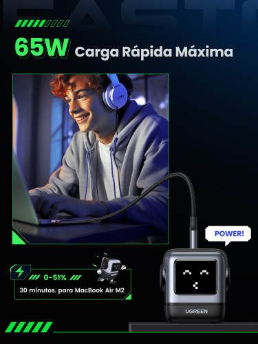 Ugreen Nexode RG 65W 3-Port GaN Ordenador portátil, Teléfono móvil, Portátil, Batería portátil, Teléfono Gris Corriente alterna Carga rápida Interior - Imagen 8