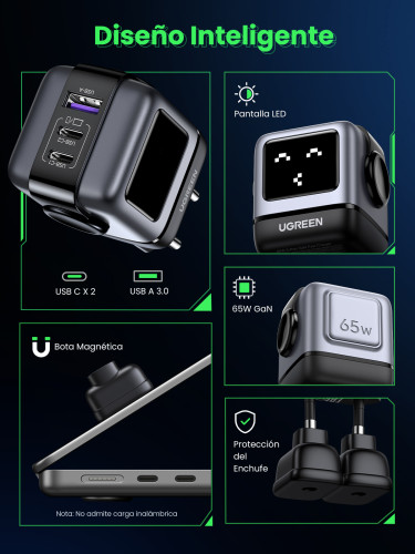 Ugreen Nexode RG 65W 3-Port GaN Ordenador portátil, Teléfono móvil, Portátil, Batería portátil, Teléfono Gris Corriente alterna Carga rápida Interior - Imagen 12