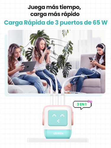 Ugreen Uno RG 65W 3-Port GaN Fast Charger pink blue Ordenador portátil, Teléfono móvil, Portátil, Tableta, Teléfono Azul Corriente alterna Carga rápida Interior - Imagen 4