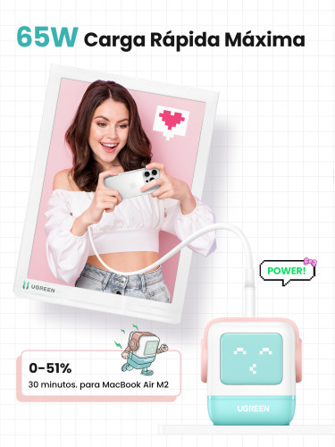 Ugreen Uno RG 65W 3-Port GaN Fast Charger pink blue Ordenador portátil, Teléfono móvil, Portátil, Tableta, Teléfono Azul Corriente alterna Carga rápida Interior - Imagen 5