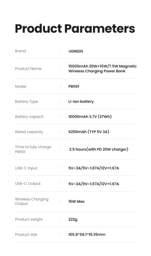 Ugreen 25208 batería externa 10000 mAh Cargador inalámbrico Beige - Imagen 15