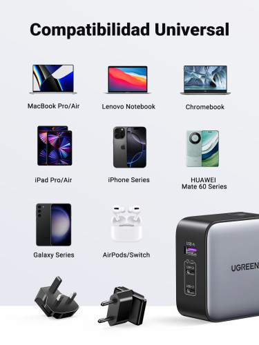 Ugreen 65W Nexode GaN Auriculares, Teléfono móvil, Portátil, Reloj inteligente, Tableta Gris USB Carga rápida Interior - Imagen 5