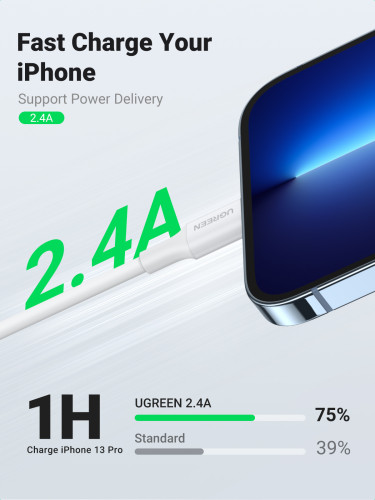 Ugreen cable USB 2.0 A lightning 2m, 5V/2.4A iPhone 7 / 7plus / 6S/ 6 / 6 Plus, iPhone 5s/5c/5, iPad Mini/Mini 2, iPad 1 m Blanco - Imagen 4