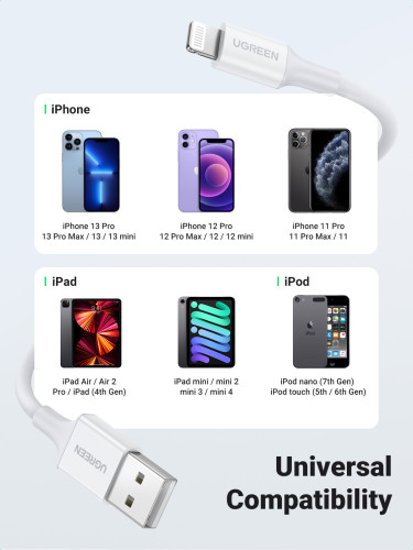 Ugreen cable USB 2.0 A lightning 2m, 5V/2.4A iPhone 7 / 7plus / 6S/ 6 / 6 Plus, iPhone 5s/5c/5, iPad Mini/Mini 2, iPad 1 m Blanco - Imagen 6