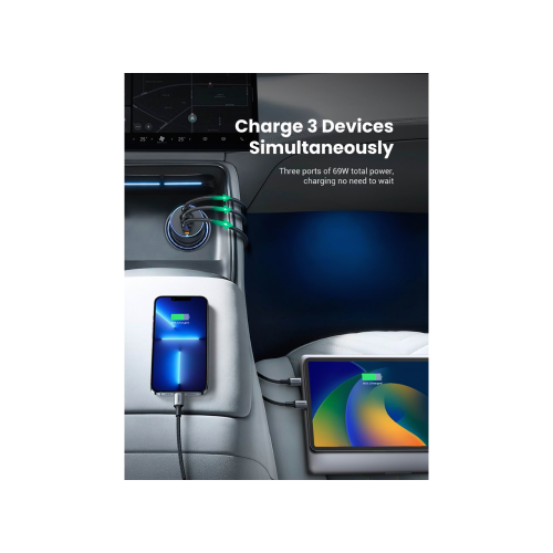 Ugreen 75W 3-Port Fast Car Charg gray Ordenador portátil, Teléfono móvil, Reloj inteligente, Tableta, Teléfono Gris Encendedor de cigarrillos Carga rápida Auto - Imagen 4