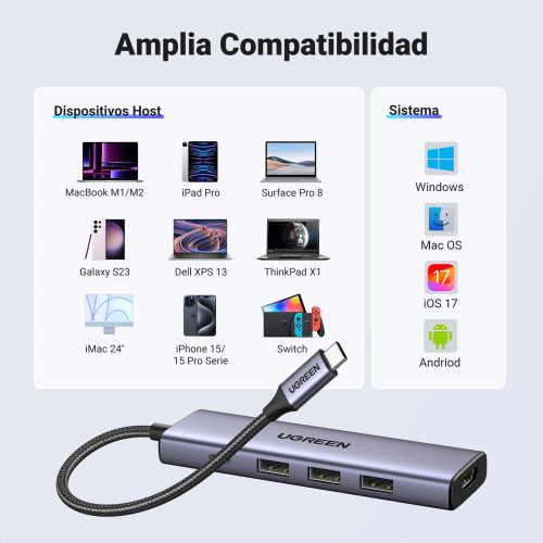 Ugreen 15596 base para portátil y replicador de puertos Alámbrico USB 3.2 Gen 1 (3.1 Gen 1) Type-A + Type-C Aluminio - Imagen 5