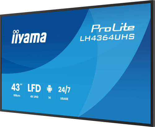 IIYAMA MONITOR 43" 3840x2160, UHD VA DLED 500cd/m, HORIZ Y VERT, MM 2x 10W, 2x HDMIx 1x USB-C, USB 2.0 x2, WiFi, LAN, Media Play USB Port, Control LAN / RS232C, Android 14 OS, 24/7 Operation, VESA Mount 300x300 - wallmount included (LH4364UHS-B1AG) - Imagen 7