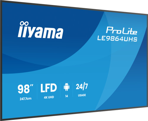 IIYAMA MONITOR 98" 3840x2160, UHD VA DLED 500cd/m, HORIZ Y VERT, MM 2x 10W, 2x HDMIx 1x USB-C, USB 2.0 x2, WiFi, LAN, Media Play USB Port, Control LAN / RS232C, Android 14 OS, 24/7 Operation, VESA Mount 700x500 - wallmount included (LH5564UHS-B1AG) - Imagen 3