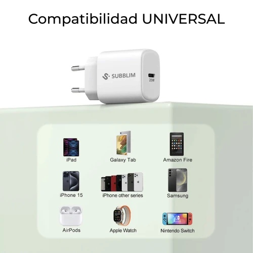 SUBBLIM Cargador USB-C GaN 20W , Power Delivery 3.0 & PPS, Enchufe Rápido para iPhone 16-12, iPad, Galaxy S24-S20, Pixel 9-6, Xiaomi, Ultraportátil, Seguro y Certificado - Imagen 3