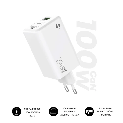 SUBBLIM CARGADOR GAN 100W CHARGER USB C+C+A - Imagen 2