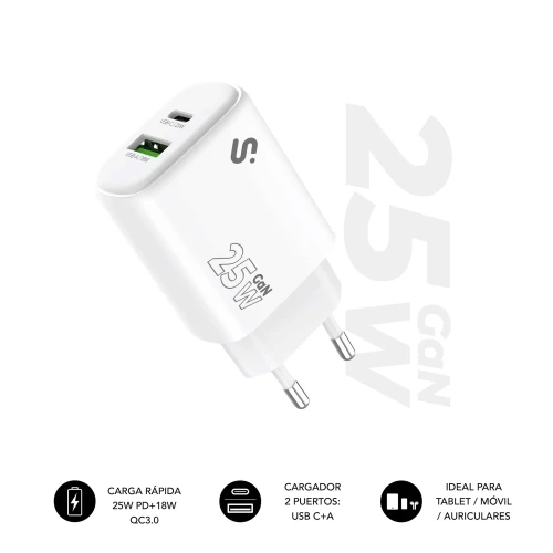 SUBBLIM Cargador GaN 25 W USB-C PD 3.0 + PPS & USB-A QC 3.0, Doble Puerto Rápido para tablets iPad Pro/Air/10/Mini, Galaxy Tab S9-S7, móviles iPhone 16-12, Pixel, Xiaomi, Switch, Compacto y Seguro - Imagen 2