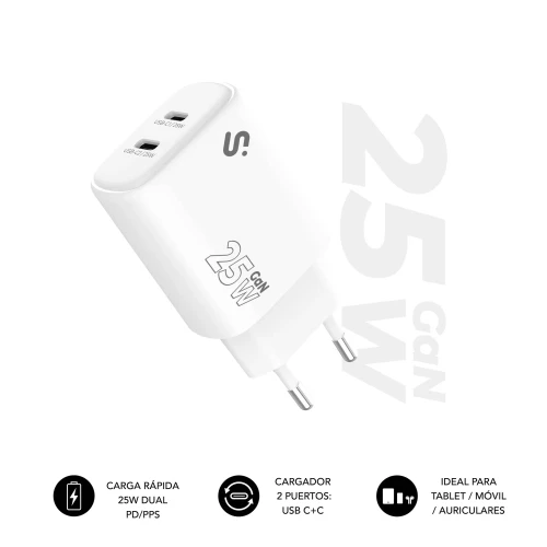 SUBBLIM CARGADOR GAN 25W CHARGER USB C+C - Imagen 2