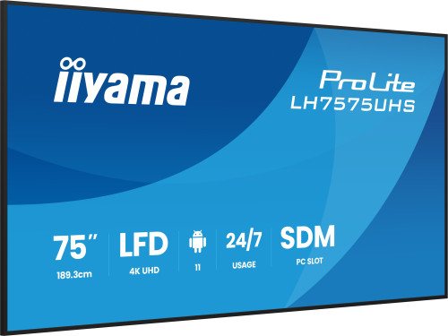 MONITOR IIYAMA 75" (LH7575UHS-B2AG) 3840X2160 / 4K UHD / 24/7 / 500 CD/M / 8MS / DP / 3XHDMI / MICRO SD SLOT / E-SHARE /IISIGNAGE 2 / RJ45 / SDM SLOT PC / ANDROID 11.0 - Imagen 4