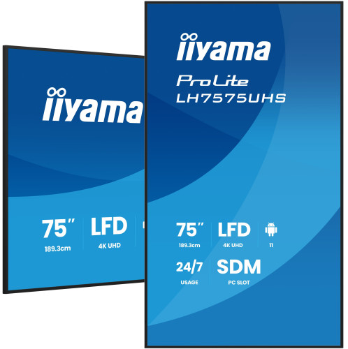 MONITOR IIYAMA 75" (LH7575UHS-B2AG) 3840X2160 / 4K UHD / 24/7 / 500 CD/M / 8MS / DP / 3XHDMI / MICRO SD SLOT / E-SHARE /IISIGNAGE 2 / RJ45 / SDM SLOT PC / ANDROID 11.0