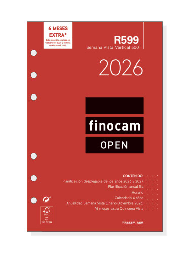 RECAMBIO ANUAL 2026 R599 OPEN500 117X181MM SEMANA VISTA VERTICAL FINOCAM 711500026 - Imagen 2