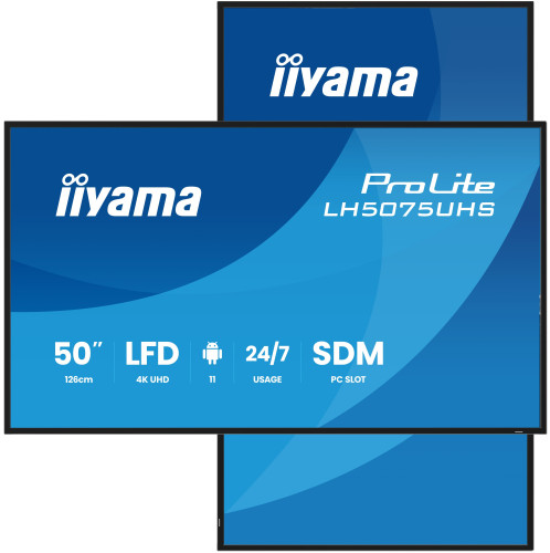 MONITOR TACTIL IIYAMA 50" 3840X2160, UHD VA, 500CD/M2, HORIZ VERT,FAILOVER,MM 2X 10W, HDMI 3X, DP, DP-OUT, USB 2.0 X2, WIFI, LAN, MEDIA PLAY USB, LAN / RS232C, IISIGNAGE2, IISHARE, IICONTROL ANDROID 11, PC-SLOT SDM-L, 24/7, VESA 400X400 (LH5075UHS-B2
