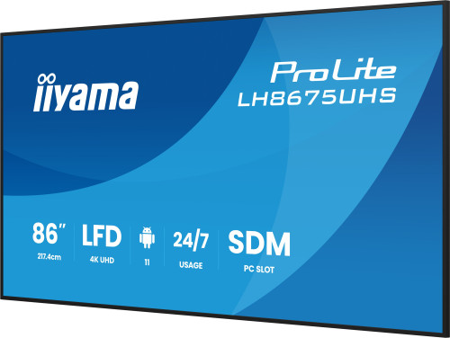 MONITOR TACTIL IIYAMA 86" 3840X2160, UHD VA, 500CD/M2, HORIZ VERT,FAILOVER, MM 2X 10W, HDMI 3X, DP, DP-OUT, USB 2.0 X2, WIFI, LAN, MEDIA PLAY USB, LAN / RS232C, IISIGNAGE2, IISHARE, IICONTROL ANDROID 11, PC-SLOT SDM-L, 24/7, VESA 600X400 (LH8675UHS-B - Imagen 8