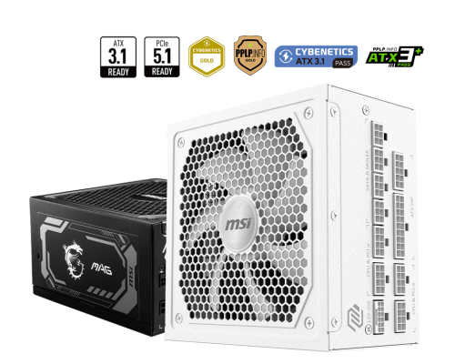 FUENTE ALIMENTACION MSI MAG A1000GL PCIE5 WHITE,PSU,1000W,80 PLUS GOLD,MODULAR,135MM,ACTIVE PFC,PCI-E 5.0 (16 PIN)X1,PCI-E (6+2 PIN)X4,SATA (15 PIN)X12
