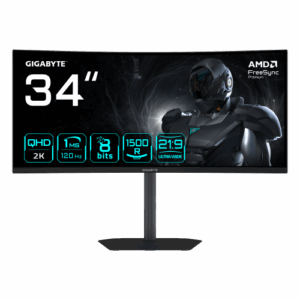 GIGABYTE GS34WQCA Monitor Gaming Curvo 34" WQHD – 3440 x 1440, 1500R, 120Hz, 1ms, 300 cd/m², FreeSync Premium, HDR Ready, HDMI 2.0, DisplayPort 1.4.