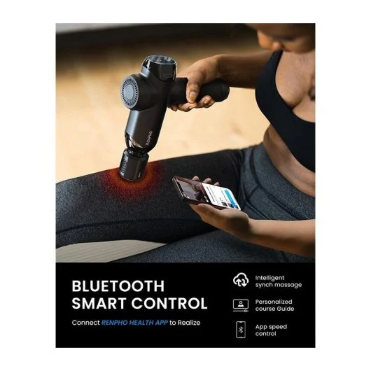 RENPHO POWER+ - MASSAGE GUN - 6 MASSAGE HEADS & 6 SPEEDS - BLE - 12MM AMPLITUDE - BLACK, CONNECTED TO THE APP (INSTANT HEAT & COOLING HEAD) - Imagen 3